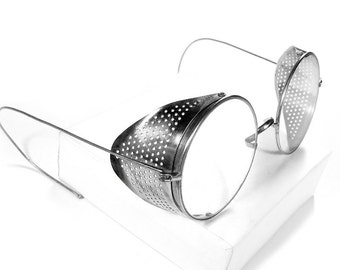 Steampunk Goggles Vintage AMERICAN OPTICAL Steam Punk, Aviator Glasses PERFORATED Metal Side Shields Burning Man Goggles - by edmdesigns