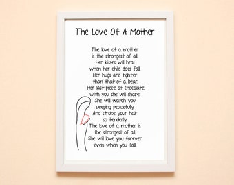 The Love Of A Mother Poem Print, Pregnancy Gift, Mother Print, Mother's Day, Gift For A Mother, Baby Shower, Mother Print,