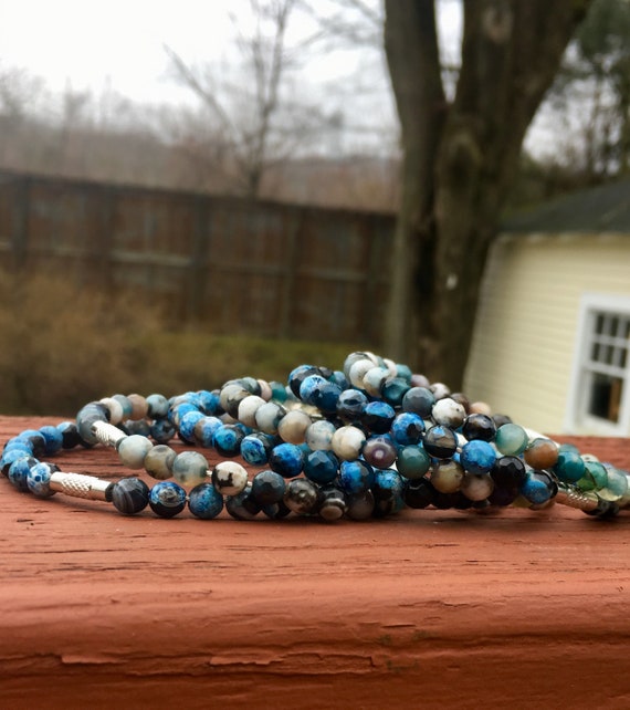 Dark & Light Blue Faceted Agate Beaded Stack Bangles