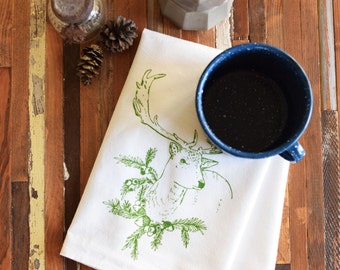 Cloth Napkins - Screen Printed Cotton Cloth Napkins - Eco Friendly Dinner Napkins - Reindeer - Cotton Napkins - Reusable - Christmas Napkins