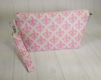 Pink Fleur de Lis Knitting Project Bag - Zippered Wedge Bag, Zipper Knitting Bag, Cosmetic Bag, Sock Knitting Bag WS0069