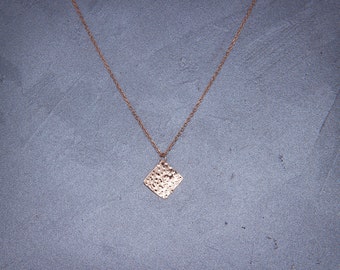 Solid 14K Rose Gold Square Necklace| Handmade hammered solid 14k rose gold 10mm square pendant necklace