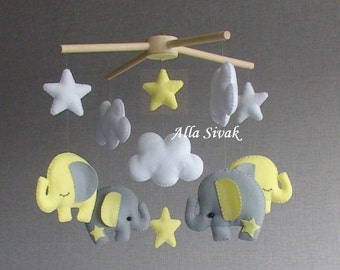 Baby Mobile, Elephant Mobile, Yellow and Grey Nursery Decor, Elephant nursery, Baby Crib Mobile, Elephant Mobile Hanging, Baby shower gift