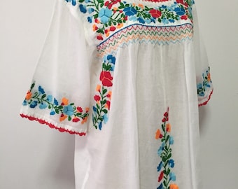 Embroidered Mexican Blouse White Cotton Top Boho Blouse Hippie Top, Peasant Blouse