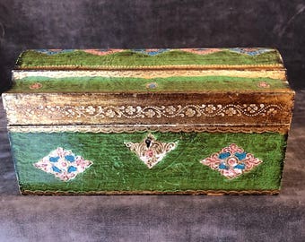 Vintage jewelry storage box w gold green pink florentine