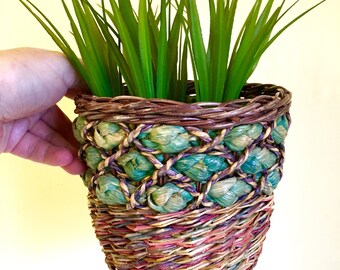 Vintage Boho Woven Basket Planter, Small Flower Pot, Turquoise Raffia , Multicolor