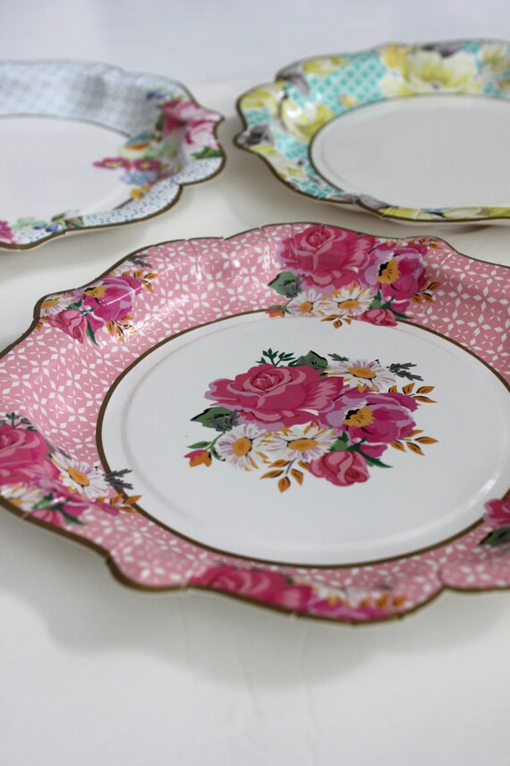 Sale 24 FLORAL TEA PARTY Large Paper Plates Parisian Vintage