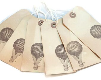 Hot Air Balloon Gift Tags, Tea Stained Gift Tags, Vintage Style Tags, Steampunk Hang Tags, Merchandise Tags, Journaling Tags, Party Decor