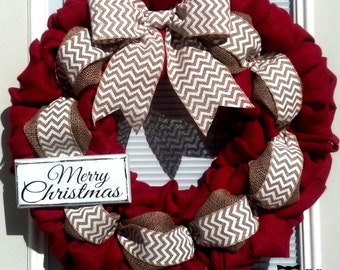 Burlap Wreath - Christmas Burlap Wreath - Red, and Natural Chevron Wreaths, Holiday Wreath, Christmas Burlap, Merry Christmas Wreath