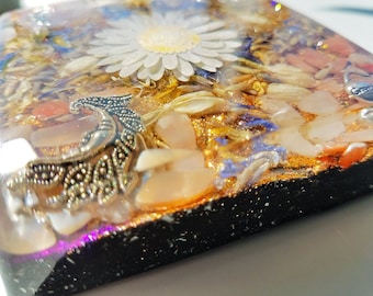 Wild flower Moonstone and Peach Quartz Orgone Charging Plate