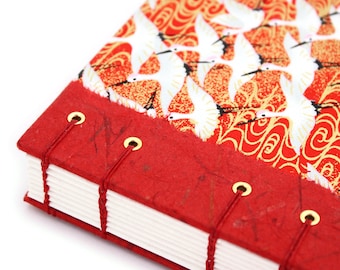 Coptic Journal - Lay Flat Journal - Unlined Journal - Red and Gold Cranes - Japanese Chiyogami Paper - 160 Pages - handmade by Ruth Bleakley
