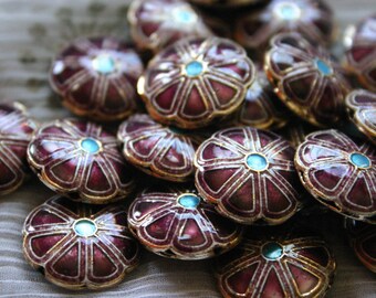 SALE Burgundy smiling flowers - Floral Cloisonne beads (2)