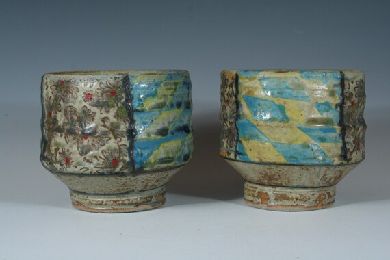 Handmade Ceramic Blue and Yellow Tea Bowls, set of 2