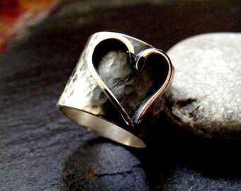 Silver Statement Heart Rustic ring Sterling Statement wide band heart ring