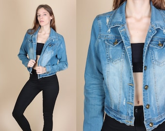 90s Cropped Jean Jacket - Extra Small // Vintage Grunge Ripped Denim Coat