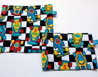 Reuseable Eco-Friendly Set of Snack and Sandwich Bags in Race Car Fabric