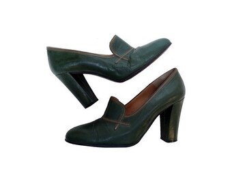 1960s italian green leather high heels MARY JANES shoes // size eu 36-uk3.5 -us5