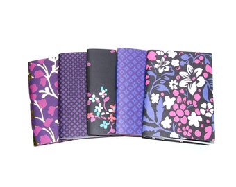 Purple Travelers Notebook Inserts, Set of 5 Bullet Journals, Black Floral Fauxdori Refills, Dot Grid Graph Blank Lined Checkbox Music Paper