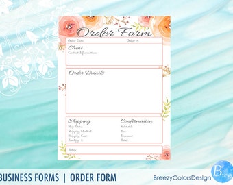 Order Form Templates Printable Floral, Flower Wedding Planner, Business Advertising, High Resolution PDF, 8.5x11 US Letter, Instant Download