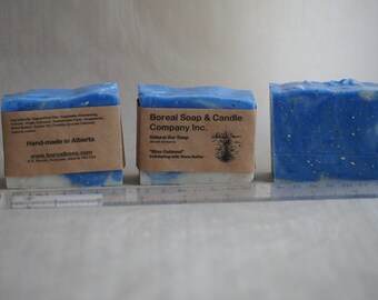 Four (4) 120g "Blue Oatmeal" Super-moisturizing, Gentle Exfoliating Soap Bars 100% with Shea Butter and Oatmeal
