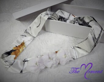 True Timber White Snowfall Camo Satin Dress Sash, Chiffon Flower Sash, Camo Sash, Bridal Sash, Prom Sash, Formal Sash, Bridesmaids Sash