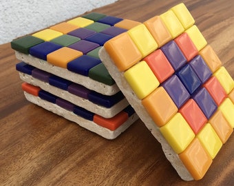 Colorful glass Coaster set(4) by lula Azorey, handmade colorful mosaic glass coaster 4