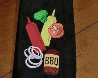 Embroidered Velour Hand Towel - BBQ Condiments - Black Towel