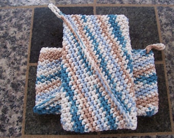 Two Crochet Kitchen Trivet Potholders, Pretty Blues, Magic Potholder, Camp Kitchen Potholders, Thick Potholder, Blue White Tan Potholders