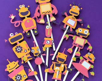 Robots cupcake toppers, 10 robot birthday party toppers, robots party, robots cake topper, robots party supply