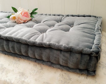 Handmade French Mattress Box Cushion, Bench, Seat Pad, Banquette, Squab, Steel Grey Cotton Velvet- PLEASE NOTE- Full Price on Quotation
