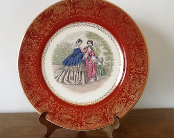 Vintage 23 Karat Gold Century by Salem Plate, Two Women with Child, Rustic Red Edge, Collectible, Mothers Day, Mint Condition