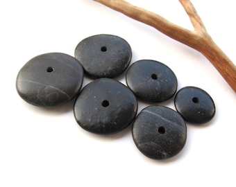 Rock Donut Beads Center Drilled Mediterranean Beach Stone Pebble Jewelry Making DIY River Stone Rock Stack Stone Cairn BLACK WHEELS 17-25 mm
