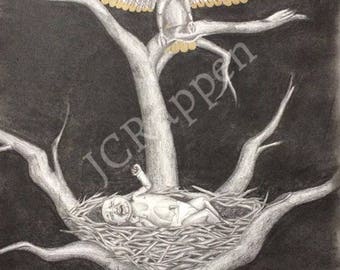 12"x18" Original graphite drawing gold tipped eagle wings baby nest dark art