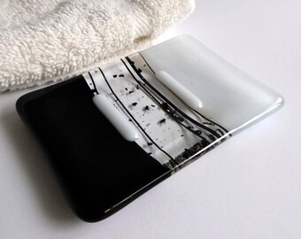 Fused Glass Soap Dish in Black and Streaky White by BPRDesigns