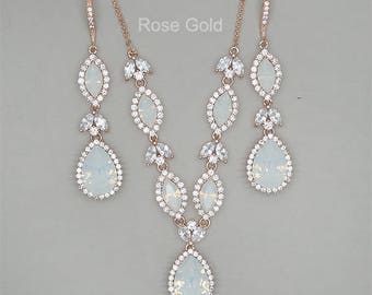 Backdrop Bridal Necklace, Opal Wedding Jewelry Set , Crystal Bridal Earrings,Rose Gold Bridal Jewelry Set, Swarovski White Opal Rhinestone