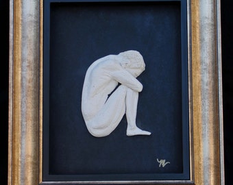 Framed Ceramic Bas Relief Sculpture of Seated Man