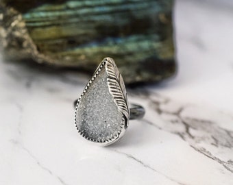Sterling silver ring druzy teardrop ring white druzy ring large statement ring silver agate ring size 8 ring
