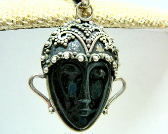 Vintage Handmade Face Sterling Silver Cow Bone Black Pendant Necklace by SylCameoJewelsStore