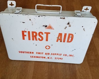 Vintage first aid box old metal box Industrial Wall decor old factory first aid kit Lexington NC