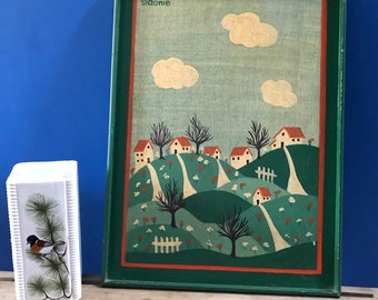 Naive Art Wooden Picture Painting by Sidonie Village Houses on a Hill. Green Landscape. Folk Art. Painting. Standing Picture. Home Decor.