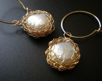 Crochet gold filled and pearls bridal earrings