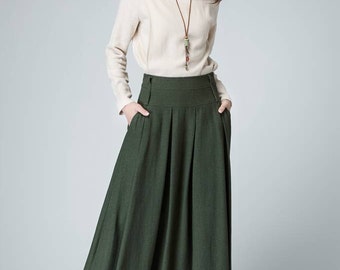 long green skirt, pleated skirt, olive green skirt, linen skirt, maxi skirt, womens skirts, A line skirt, skirt with pockets 1481