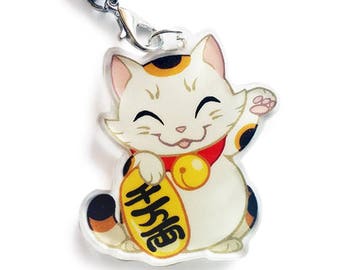 Chibi Maneki Neko (beckoning cat) Double Sided Clear Acrylic Charms with Phone Strap