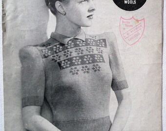 Vintage Knitting Pattern 1930s 1940s Women's Fair Isle Jumper Sweater English Rose Floral Design original pattern Bestway Leaflet No 1461 UK