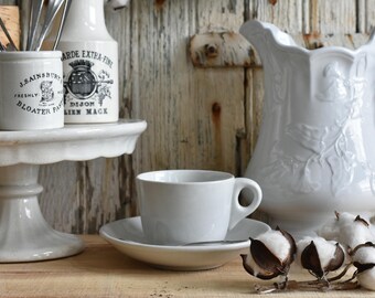 White Ironstone Cup and Saucer by Powell & Bishop ~ Two Piece Set ~ Antique English Ironstone ~ 1867-1878 ~ Handled Coffee Cup ~ Coffee Mug