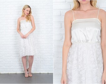 Vintage 70s 80s Cream Tiered Dress Lace Boho Floral XS 9371