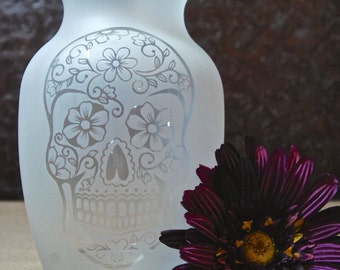Sugar Skull Vase - Glass Etched Vase - Day of the Dead - Etched Glass Gifts - Custom Glass Etching - Unique Glass Vase - Sandblasted - #2