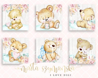 Sweet watercolour baby animals, illustrations, pocket mirrors, tags, scrapbooking, cupcake toppers