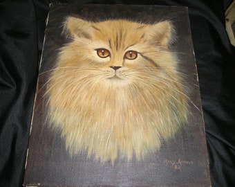 Vintage Outsider Art.Sweet Tiger Kitty/Cat Portrait Oil on Canvas 14x11".