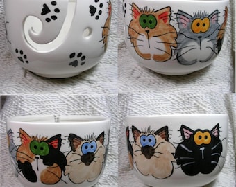 A Gaggle Of 5 Goofy Cats On Yarn Bowl Ready To Ship Earthenware Clay by Grace M Smith